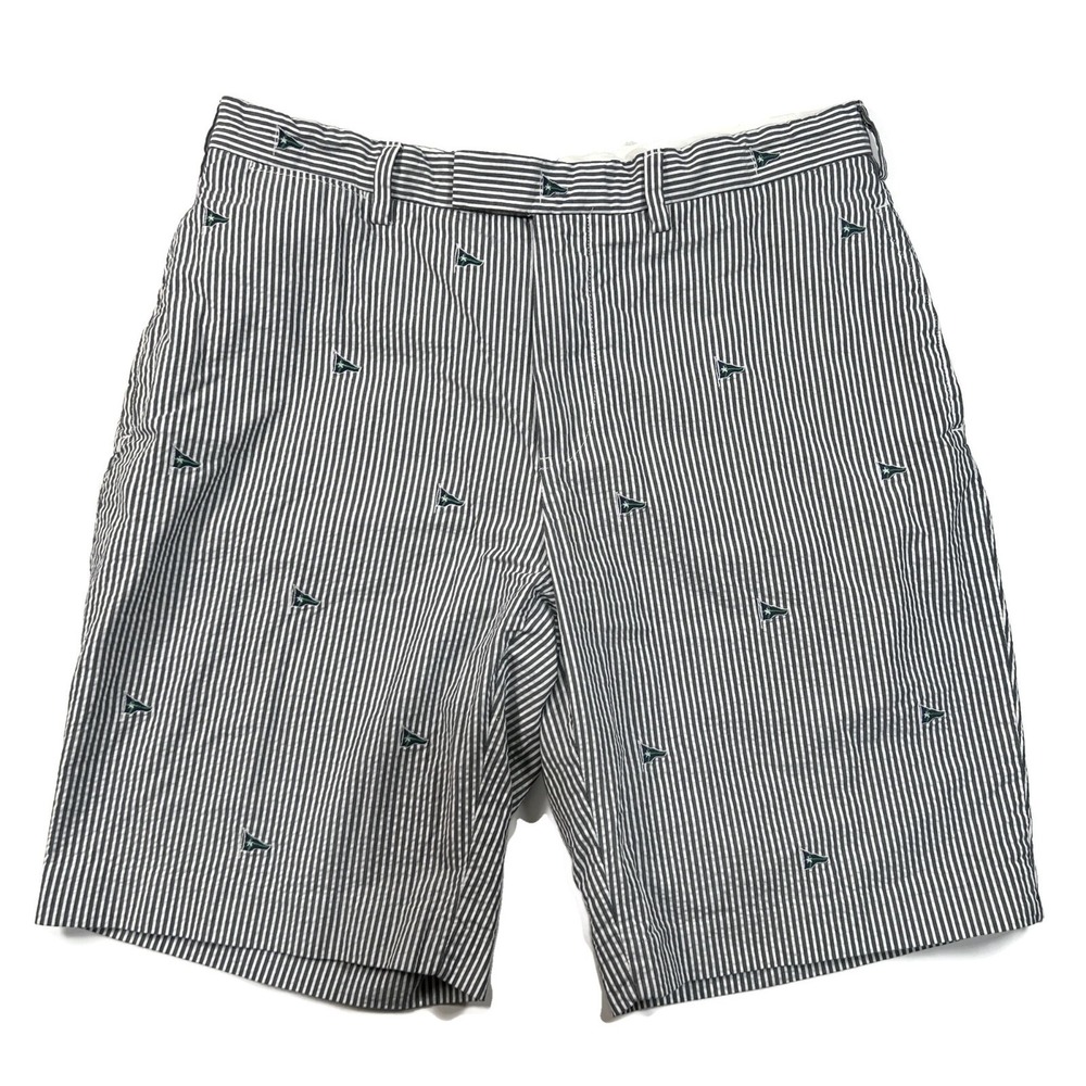 Polo Ralph Lauren Seersucker Shorts Mens 34 Gray Stripe Embroidered Flag Allover
